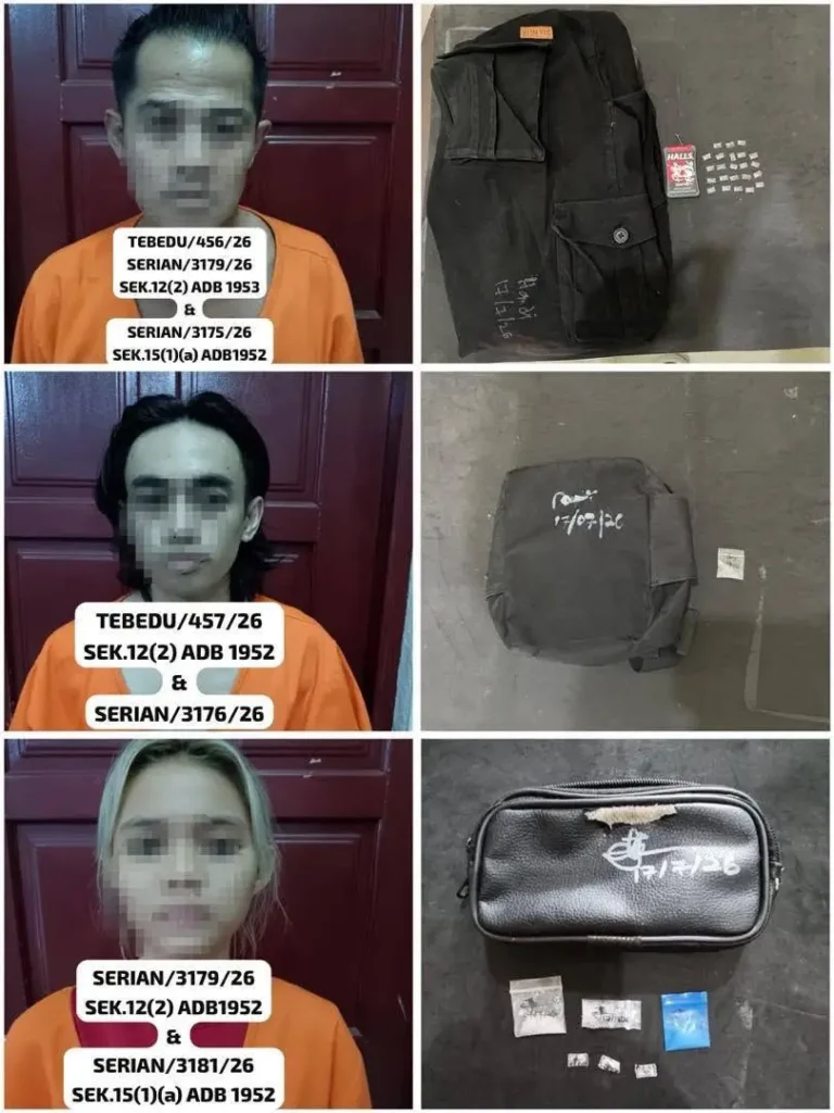 Dua WNI dan seorang warga lokal diamankan polisi IPD Serian dalam operasi pemberantasan narkoba di Tebedu dan Serian, Sarawak.