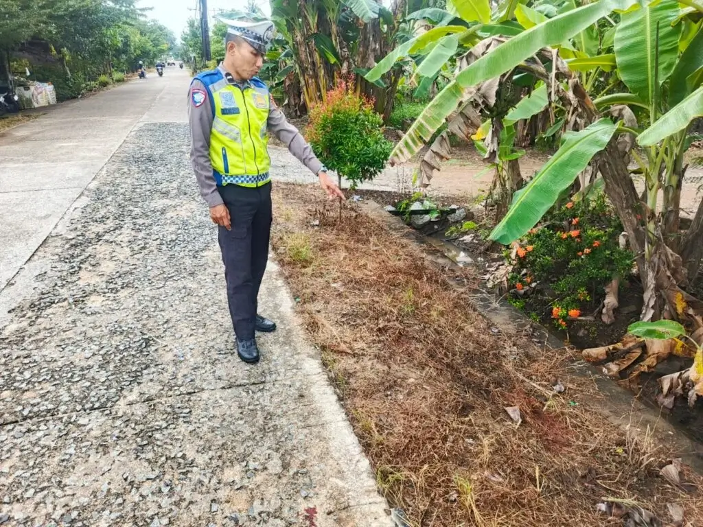 Petugas Satlantas Polres Kubu Raya melakukan olah TKP kecelakaan adu banteng di Jalan Wonodadi II yang diduga dipicu pengendara menghindari jalan rusak.