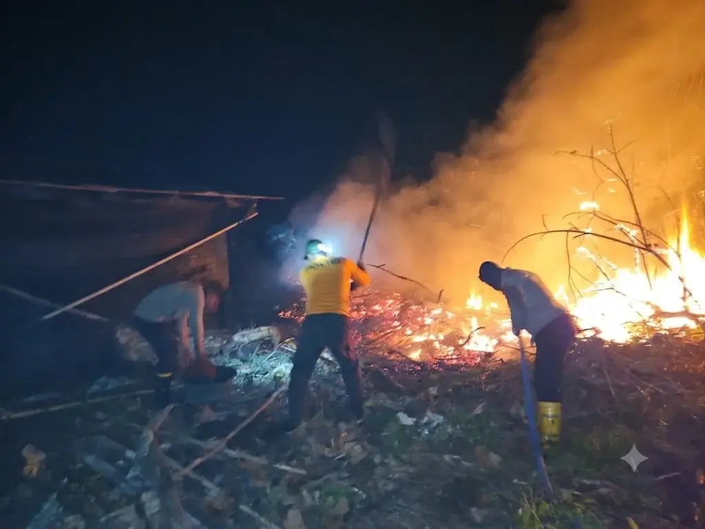 Petugas memadamkan api yang membakar 6 hektare lahan dekat Perumahan Seruat Mansion Kubu Raya.