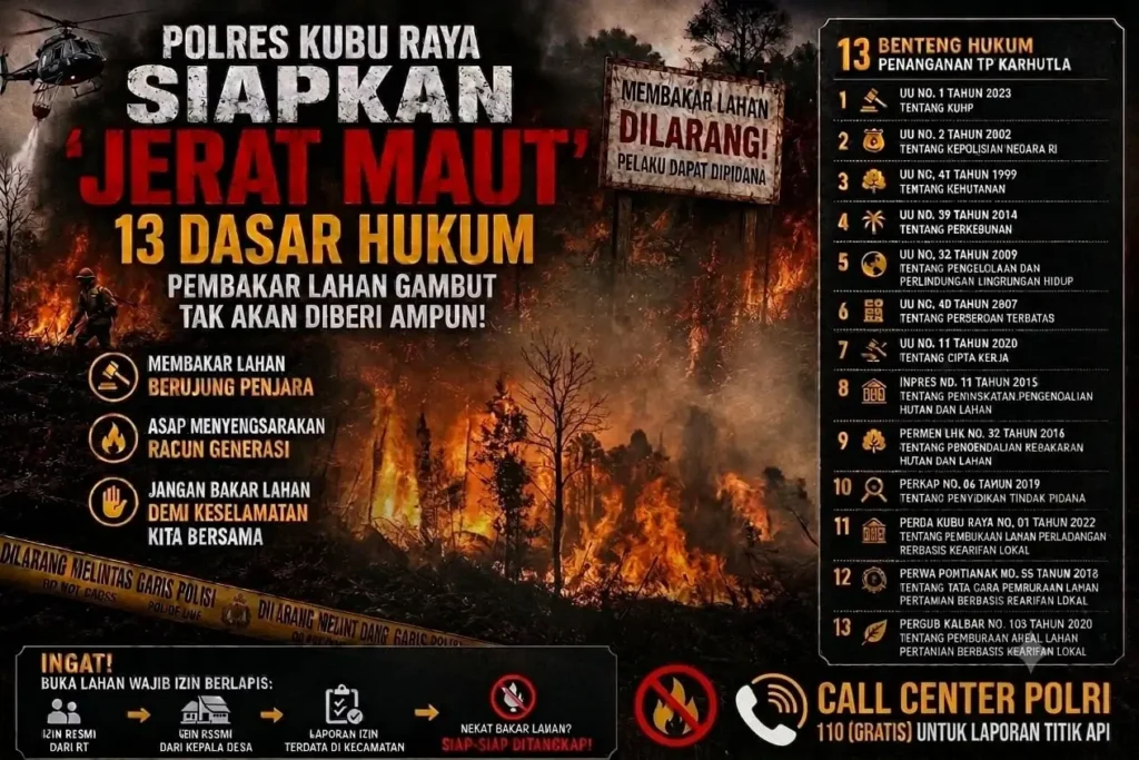 Infografis Polres Kubu Raya tentang 13 dasar hukum yang digunakan untuk menjerat pelaku kebakaran hutan dan lahan (karhutla) di Kubu Raya.