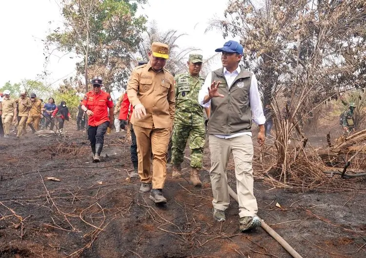 Menhut Raja Juli Antoni dan Gubernur Kalbar Ria Norsan meninjau lokasi karhutla di Desa Rasau Jaya 3, Kubu Raya.