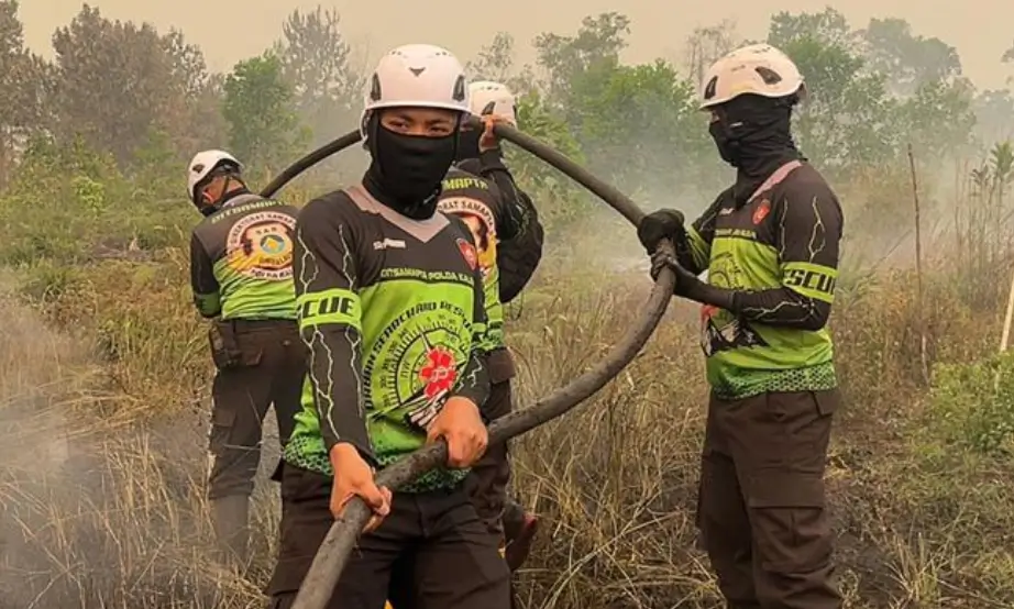 Petugas memadamkan kebakaran hutan dan lahan (karhutla) di Kalimantan Barat. (Foto: Hms-Polda Kalbar)
