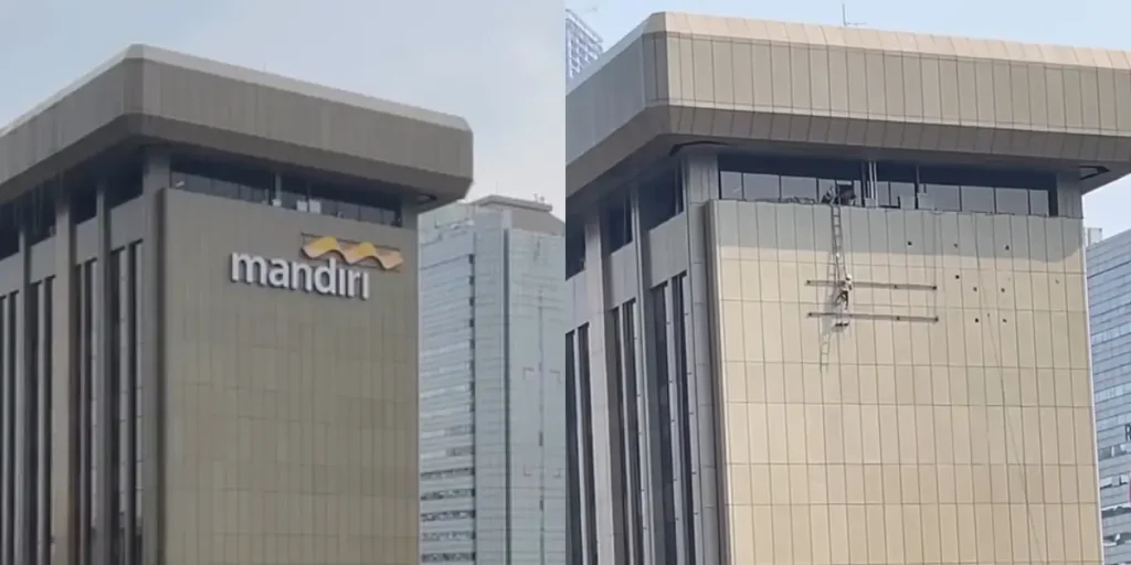 Logo Mandiri dicopot dari Gedung Bank Mandiri di Jalan M.H. Thamrin, Jakarta Pusat. (Foto : threads.com/@jeff_deo)