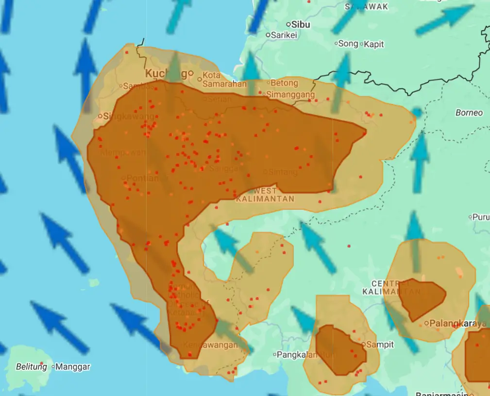 Pantauan ASMC menunjukkan sebaran hotspot dan kabut asap dari Kalimantan Barat menuju Sarawak.