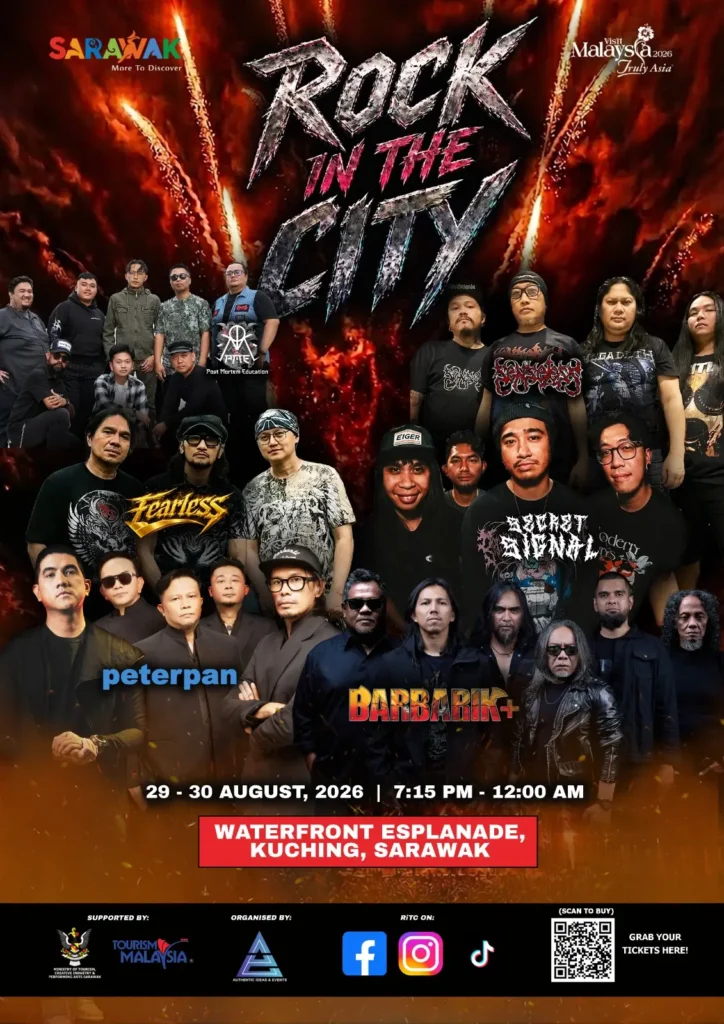 Poster resmi Rock In The City 2026 dengan informasi lokasi baru di Esplanade Kuching dan jadwal festival musik.