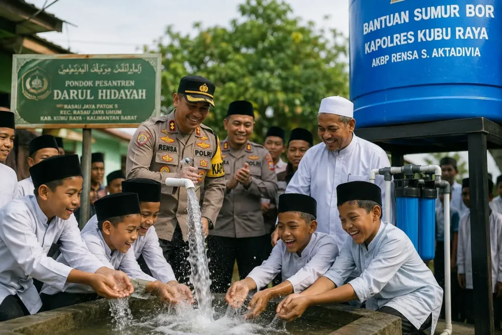 Sumur bor bantuan Kapolres Kubu Raya untuk mengatasi krisis air bersih bagi 600 santri dan warga Rasau Jaya.