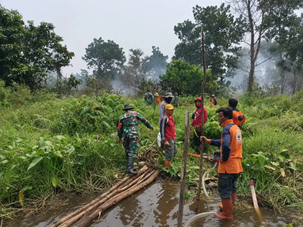 Tim gabungan melakukan pemadaman dan pendinginan karhutla di lahan gambut Sungai Rasau, Singkawang Utara. (Foto: Res-Skw)