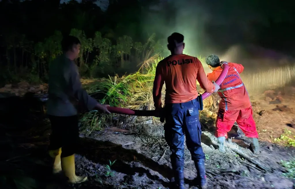 Petugas memadamkan kebakaran lahan di Parindu, Sanggau. (Res-Sgu)