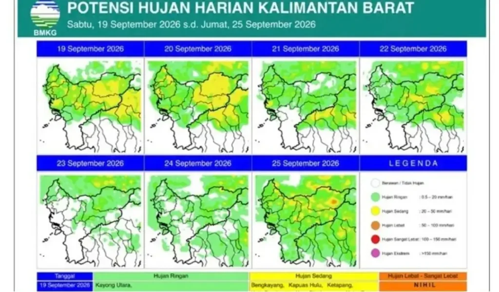 Peta prakiraan curah hujan di wilayah Kalimantan Barat periode 21–24 September 2026.