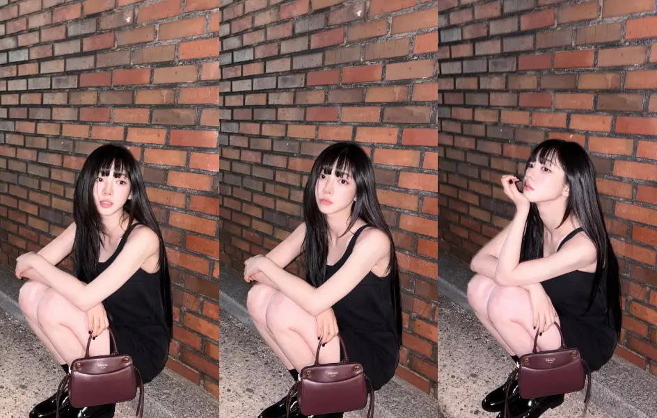 Karina aespa tampil anggun mengenakan gaun hitam tanpa lengan dengan latar dinding bata merah. (foto: instagram.com/katarinabluu)