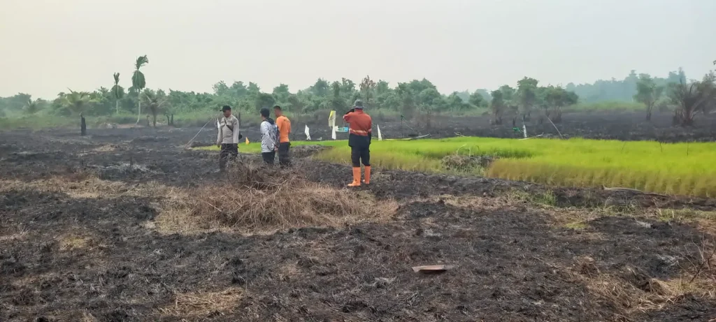 Personel Polsek Sungai Kakap mengecek lokasi bekas karhutla di Dusun Selat Kering, Punggur Kapuas, Kubu Raya. (Foto: Res-KKR)