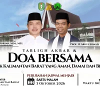 Ustaz Abdul Somad (UAS) dijadwalkan mengisi tabligh akbar dan doa bersama di halaman Kantor Gubernur Kalimantan Barat, Pontianak, Sabtu malam, 3 Oktober 2026.