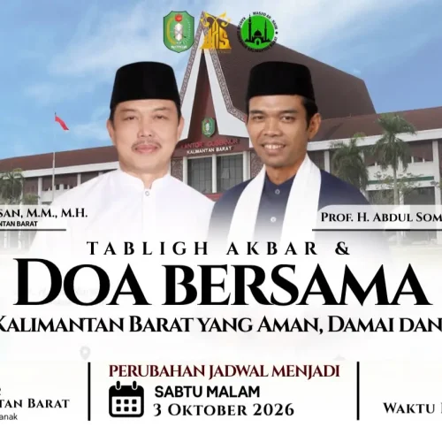 Ustaz Abdul Somad (UAS) dijadwalkan mengisi tabligh akbar dan doa bersama di halaman Kantor Gubernur Kalimantan Barat, Pontianak, Sabtu malam, 3 Oktober 2026.