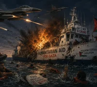 Ilustrasi kapal misi kemanusiaan Global Sumud Flotilla yang dicegat di perairan Laut Mediterania.