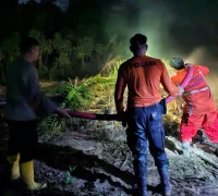 Petugas memadamkan kebakaran lahan di Parindu, Sanggau. (Res-Sgu)