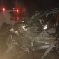 Kondisi minibus Nissan Grand Livina yang mengalami kerusakan berat setelah bertabrakan dengan truk tangki di Jalan Raya Beduai, Kabupaten Sanggau. (Res-Sgu)