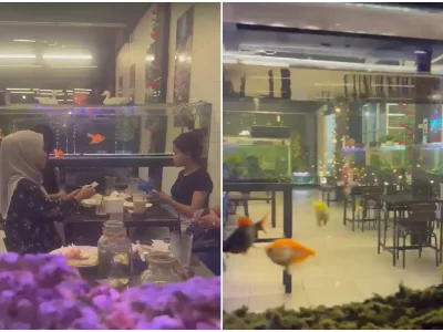 Akuarium berisi ikan hias di setiap meja Aqua Garden Cafe, tempat nongkrong unik di Jalan Ya’ M Sabran, Pontianak.