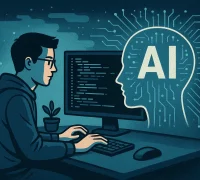 Ilustrasi programmer menggunakan AI untuk membuat kode dalam konsep vibecoding.