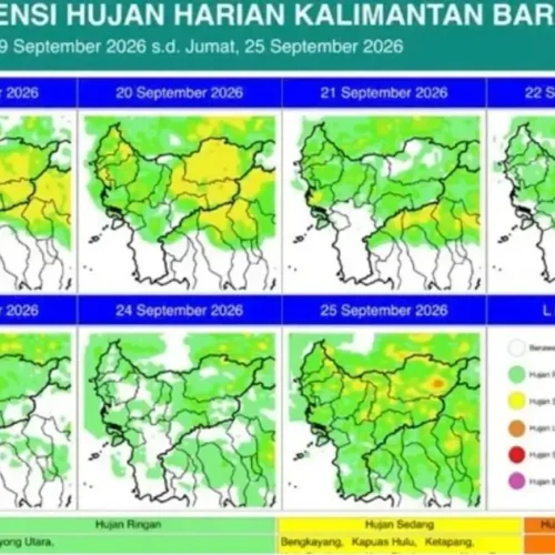 Peta prakiraan curah hujan di wilayah Kalimantan Barat periode 21–24 September 2026.