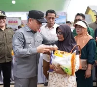 Gubernur Kalbar Ria Norsan meninjau stan pelayanan saat meresmikan Program Gema Membangun Desa di Desa Teluk Batang, Kabupaten Kayong Utara.