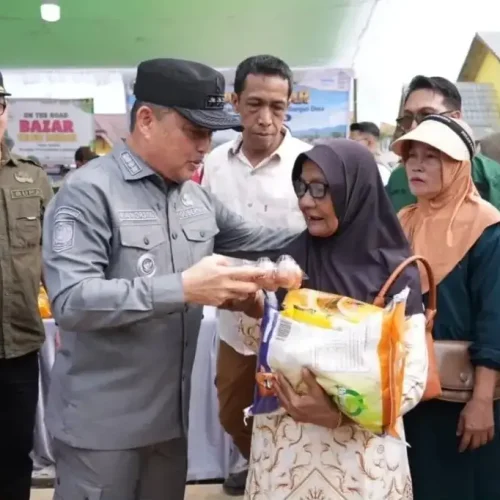 Gubernur Kalbar Ria Norsan meninjau stan pelayanan saat meresmikan Program Gema Membangun Desa di Desa Teluk Batang, Kabupaten Kayong Utara.