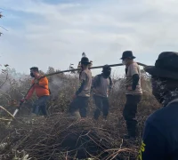 Petugas gabungan melakukan pendinginan lahan gambut pada penanganan karhutla di Kubu Raya.