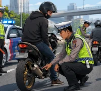 Ilustrasi razia knalpot brong di Pontianak dengan petugas Satlantas memeriksa sepeda motor pelanggar aturan lalu lintas.