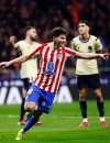 Pemain Atletico Madrid Julian Alvarez, merayakan gol ke gawang Barcelona pada semifinal Copa del Rey di Madrid.