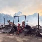 Petugas JBPM Sarawak memadamkan kebakaran hebat yang menghanguskan rumah panjang 23 pintu di Samalaju, Sarawak.