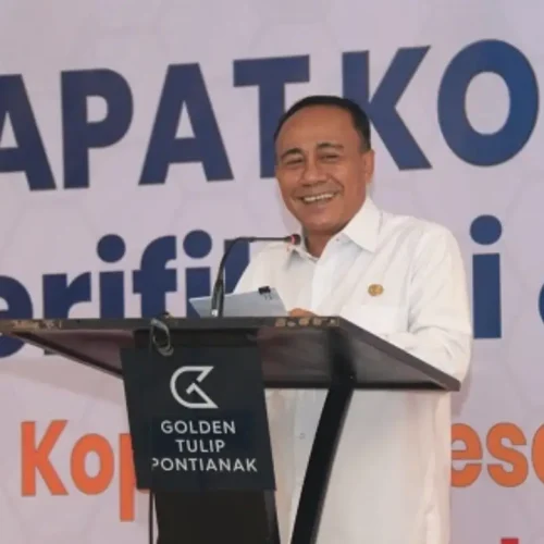 Wakil Gubernur Kalbar Krisantus Kurniawan membuka Rakor Verifikasi dan Validasi Koperasi Merah Putih di di Hotel Golden Tulip Pontianak, Rabu (23/9/2026).