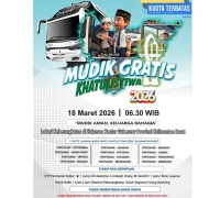 Poster informasi program Mudik Gratis Khatulistiwa 2026 dari Pemprov Kalbar yang memuat jadwal keberangkatan, rute perjalanan, dan syarat pendaftaran bagi masyarakat Kalimantan Barat.