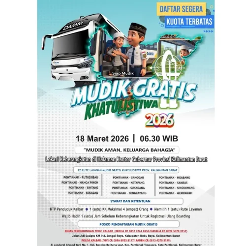 Poster informasi program Mudik Gratis Khatulistiwa 2026 dari Pemprov Kalbar yang memuat jadwal keberangkatan, rute perjalanan, dan syarat pendaftaran bagi masyarakat Kalimantan Barat.