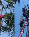 Petugas PLN mengevakuasi pria yang diduga hendak mencuri kabel setelah tersengat listrik di Jalan Purnama 2, Pontianak Selatan.