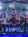 Pemain RR FC merayakan keberhasilan menjadi juara Pontianak Futsal League 2026 usai mengalahkan Muhajirin FC di Sport Hall UPGRI Pontianak.