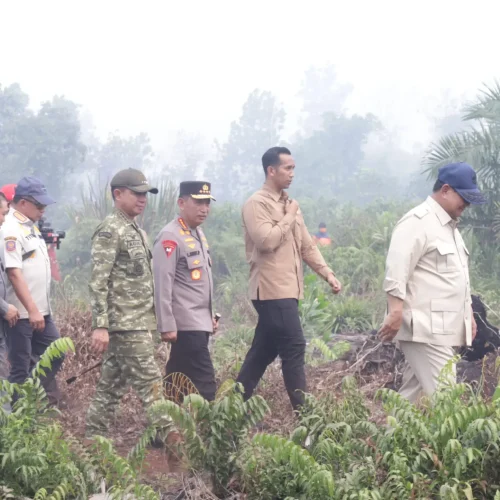 Gubernur Kalimantan Barat Ria Norsan mendampingi Presiden Prabowo Subianto meninjau lokasi kebakaran hutan dan lahan di Jalan Angkasapura, Kabupaten Kubu Raya.