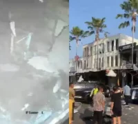 Kondisi Ruko San Antonio di Pakuwon City Surabaya setelah ledakan yang menyebabkan puluhan bangunan dan sejumlah kendaraan mengalami kerusakan. (Foto: x.com/NapiPKS)
