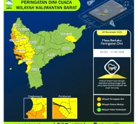 Peta prakiraan cuaca ekstrem Kalimantan Barat yang menunjukkan wilayah terdampak hujan lebat, angin kencang, serta gelombang tinggi.
