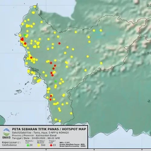 Peta sebaran titik panas di Kalimantan Barat saat risiko karhutla meningkat akibat cuaca kering.