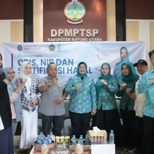 Ketua TP PKK Kalbar Erlina Norsan meninjau layanan gratis NIB, sertifikat halal, dan QRIS bagi pelaku UMKM di Mall Pelayanan Publik Kabupaten Kayong Utara.