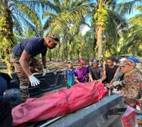 Petugas mengevakuasi jenazah pria warga Indonesia korban serangan buaya di Sungai Ladang Tanjung Payung, Bintulu.