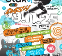 Poster event OTAKU DASH: RUN WITH MISSION di Port99 Pontianak, 29 November 2025 — event cosplay dan tantangan misi dengan konsep aksi dan teka-teki.