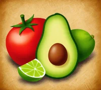 Ilustrasi buah alpukat, tomat, dan jeruk nipis sebagai makanan alami penurun kolesterol.