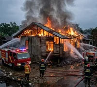 Ilustrasi - Petugas pemadam kebakaran memadamkan rumah kosong yang terbakar di Desa Pal Sembilan, Kecamatan Sungai Kakap, Kubu Raya.