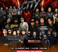 Poster resmi Rock In The City 2026 dengan informasi lokasi baru di Esplanade Kuching dan jadwal festival musik.