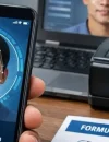 Ilustrasi registrasi kartu SIM baru menggunakan teknologi biometrik dengan pemindaian wajah di gerai operator seluler.