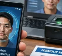 Ilustrasi registrasi kartu SIM baru menggunakan teknologi biometrik dengan pemindaian wajah di gerai operator seluler.