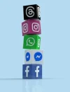 Logo Meta dengan tampilan aplikasi Facebook, Instagram, dan WhatsApp.