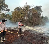 Tim gabungan memadamkan karhutla yang membakar lebih dari 20 hektare lahan di Simpang Hilir, Kayong Utara. (Res-KKU)