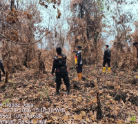 Personel Polsek Rasau Jaya bersama tim BKO Brimob memeriksa lokasi bekas kebakaran hutan dan lahan di Desa Rasau Jaya Tiga, Kabupaten Kubu Raya. (Foto: Res-KKR)